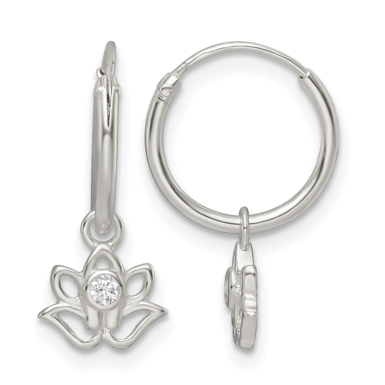 Sterling Silver Polished CZ Dangle Lotus Endless Hoop Earrings (QE16285)