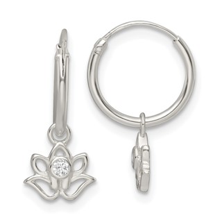Sterling Silver Polished CZ Dangle Lotus Endless Hoop Earrings