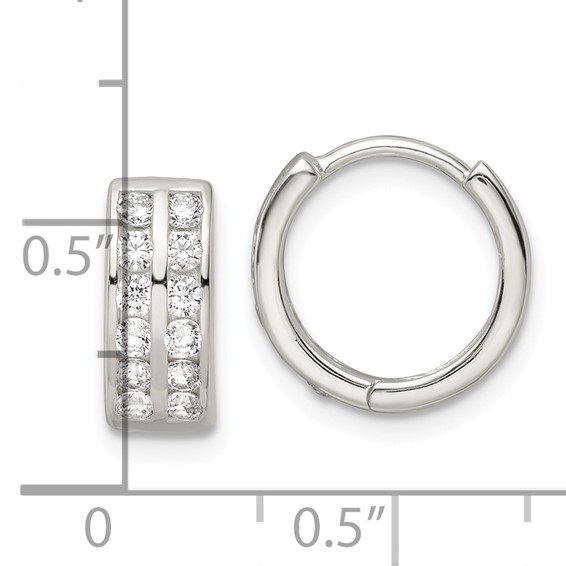 Sterling Silver Polished 2 Row CZ Hinged Hoop Earrings