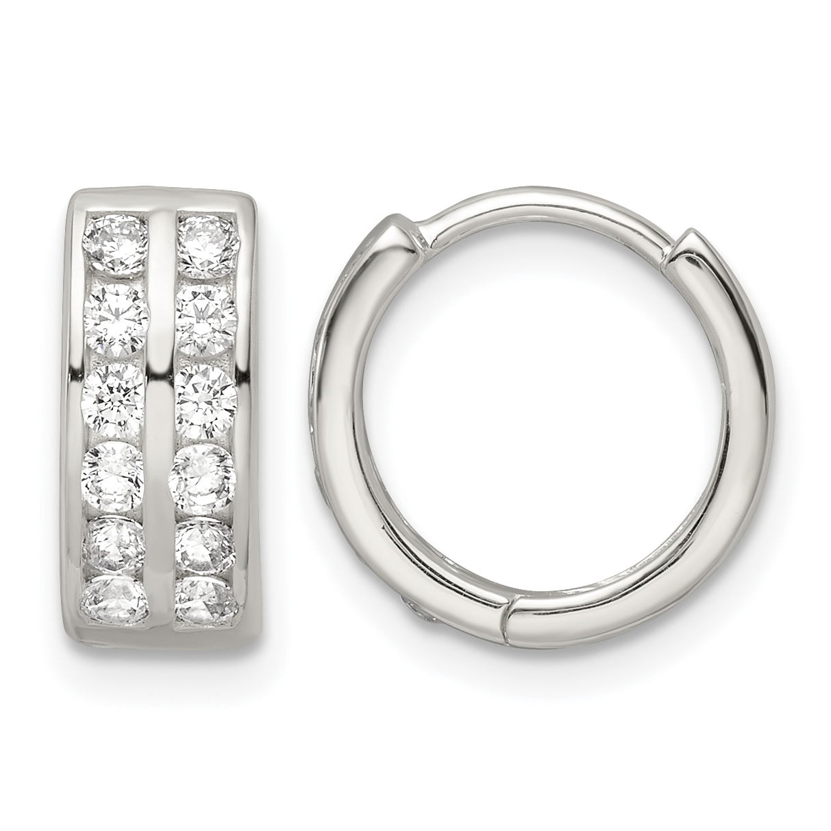 Sterling Silver Polished 2 Row CZ Hinged Hoop Earrings (QE16294)