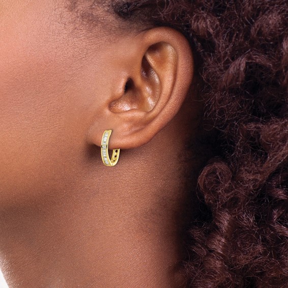 Sterling Silver Polished Gold-tone CZ Hinged Hoop Earrings