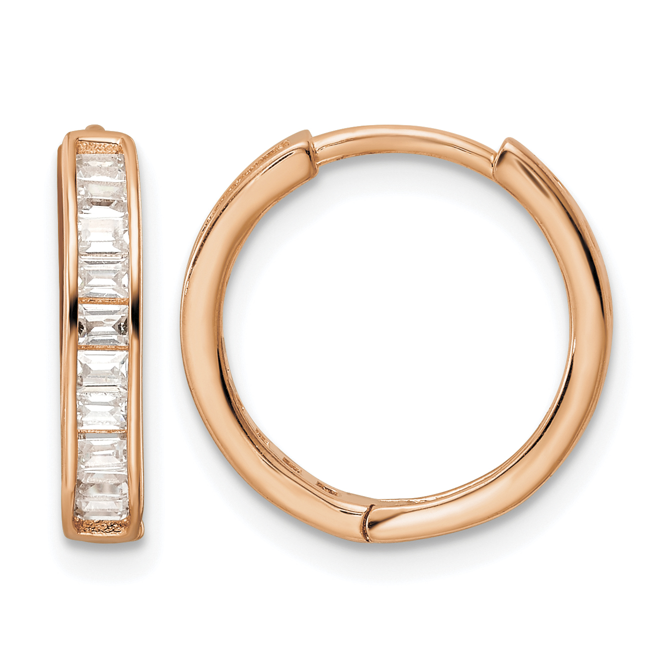 Sterling Silver Polished Rose-tone CZ Hinged Hoop Earrings (QE16297)