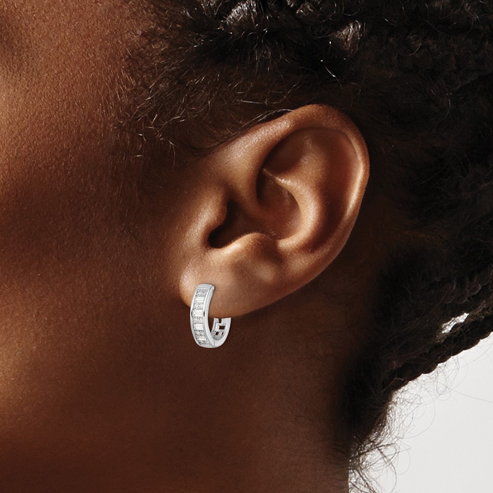 Sterling Silver Polished Rhodium-plated CZ Hinged Hoop Earrings (QE16298)