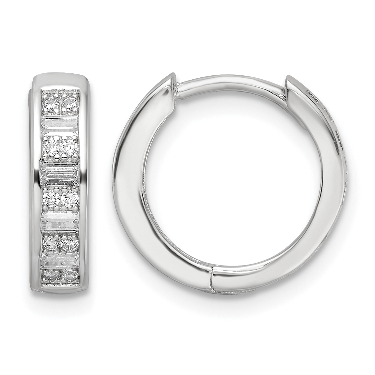 Sterling Silver Polished Rhodium-plated CZ Hinged Hoop Earrings (QE16298)