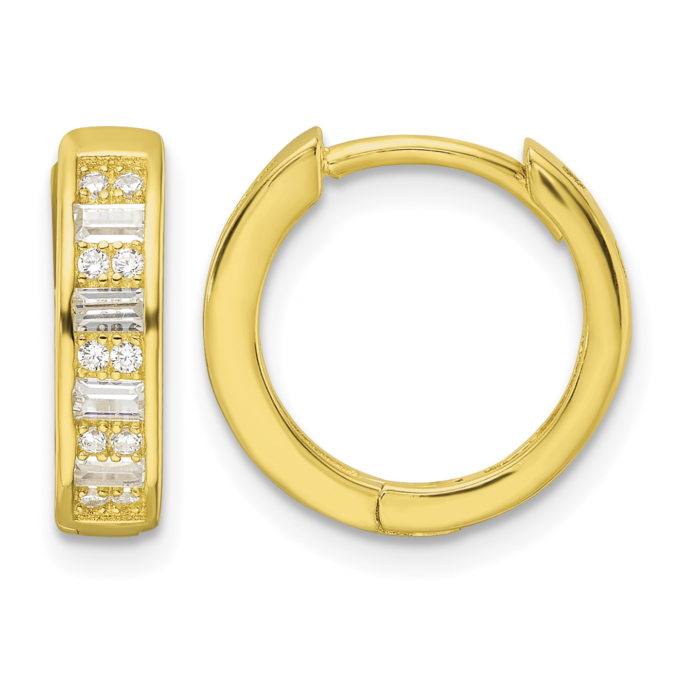 Sterling Silver Polished Gold-tone CZ Hinged Hoop Earrings (QE16299)