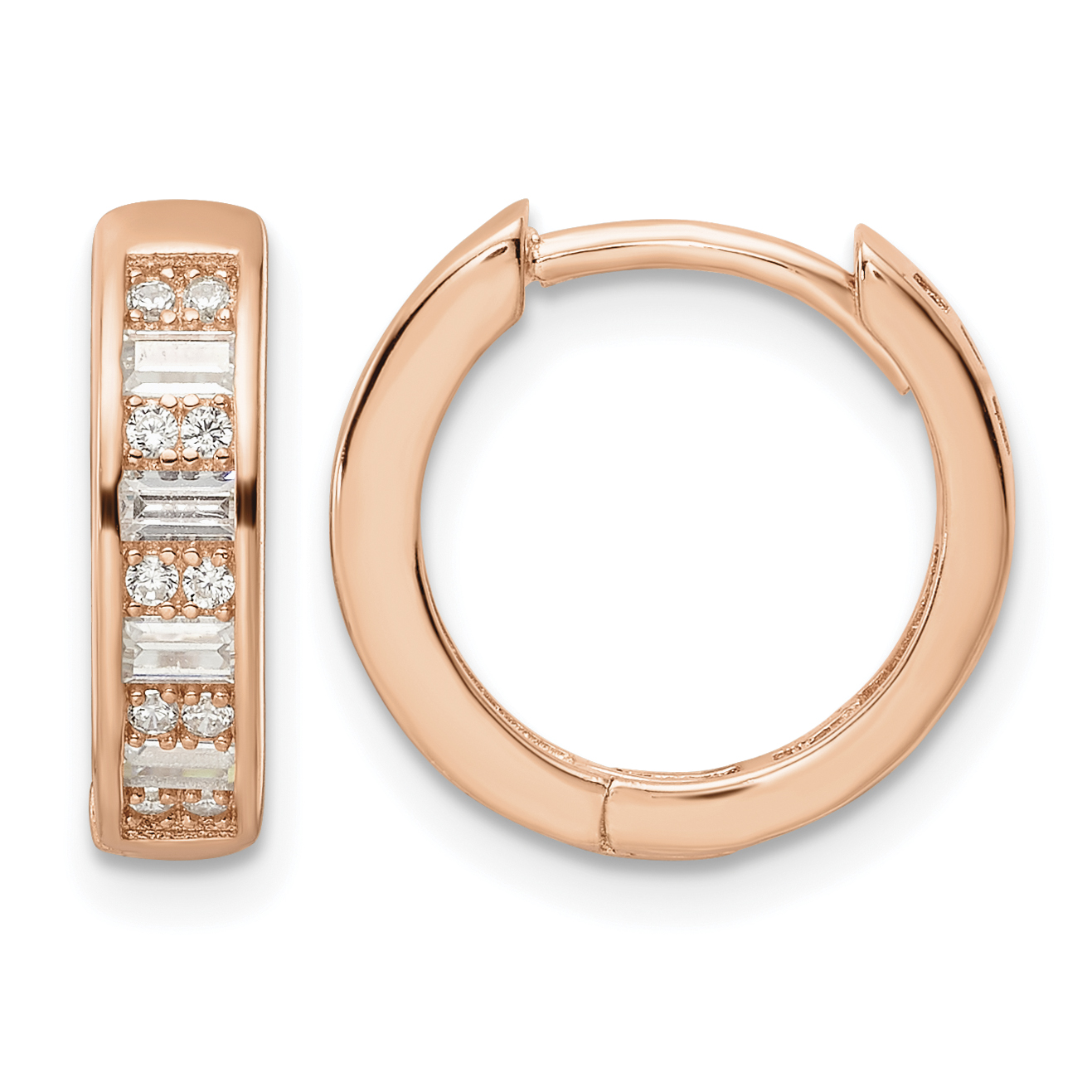 Sterling Silver Polished Rose-tone CZ Hinged Hoop Earrings (QE16300)