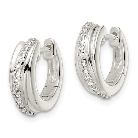Sterling Silver Polished CZ Hinged Hoop Earrings