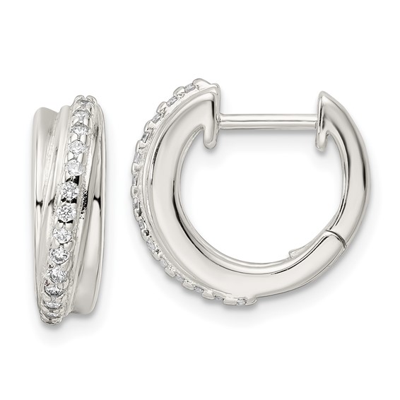 Sterling Silver Polished CZ Hinged Hoop Earrings