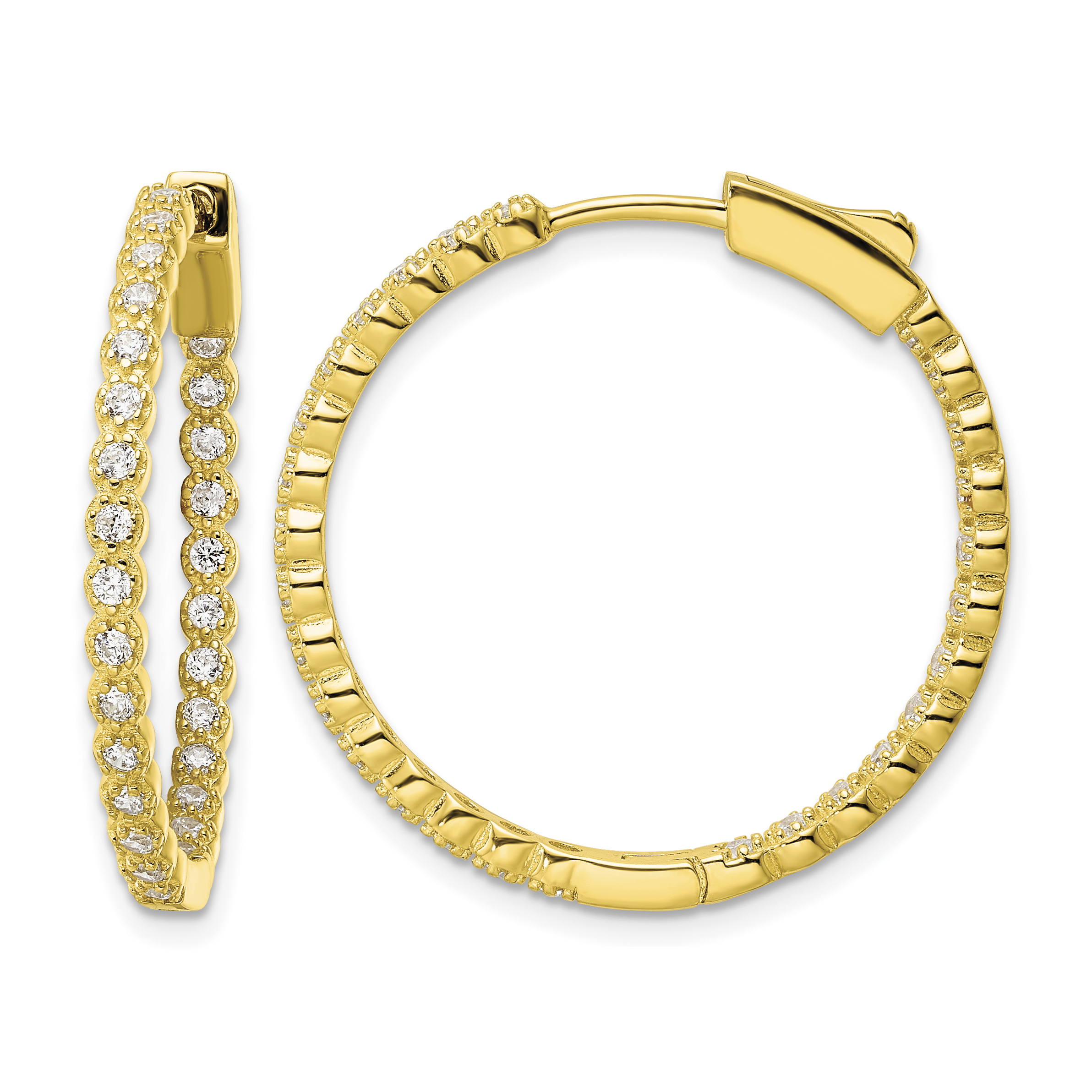 Sterling Silver Polished Gold-tone In & Out CZ Hinged Hoop Earrings (QE16305)
