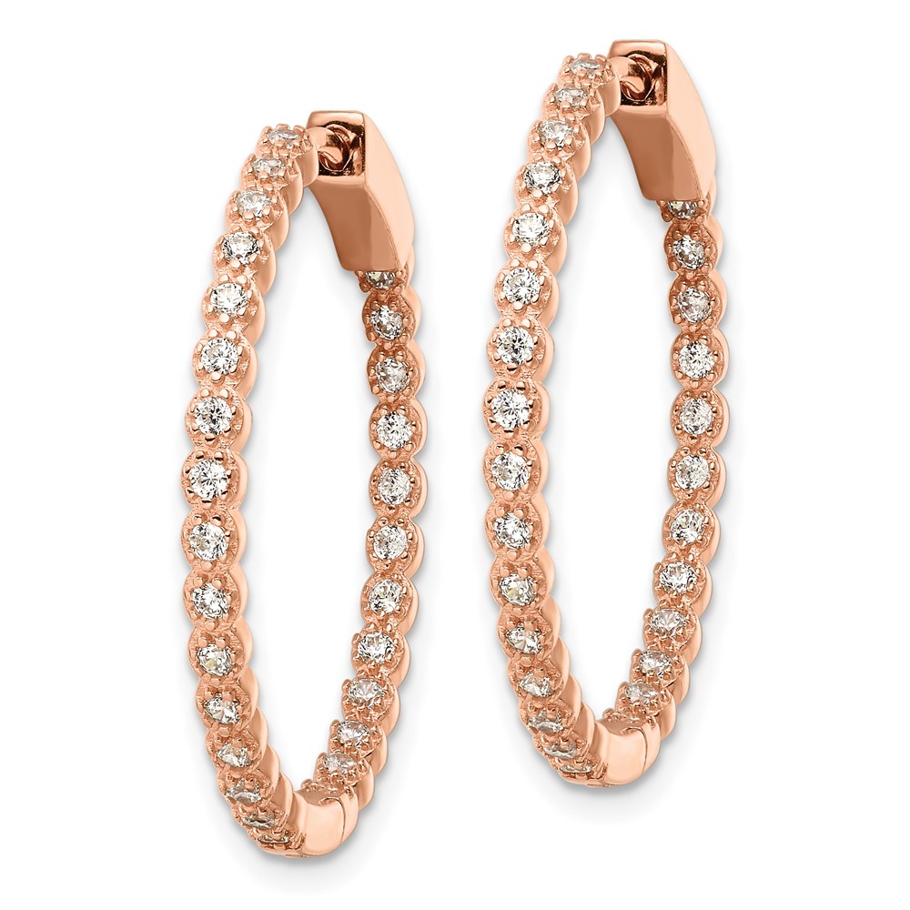 Sterling Silver Polished Rose-tone In & Out CZ Hinged Hoop Earrings (QE16306)