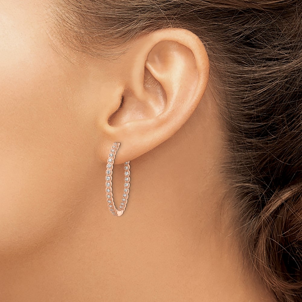 Sterling Silver Polished Rose-tone In & Out CZ Hinged Hoop Earrings (QE16306)