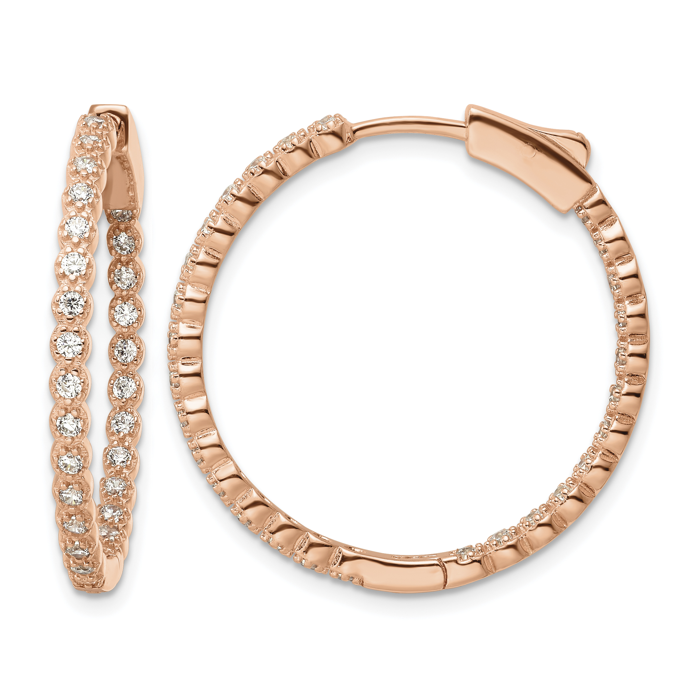 Sterling Silver Polished Rose-tone In & Out CZ Hinged Hoop Earrings (QE16306)