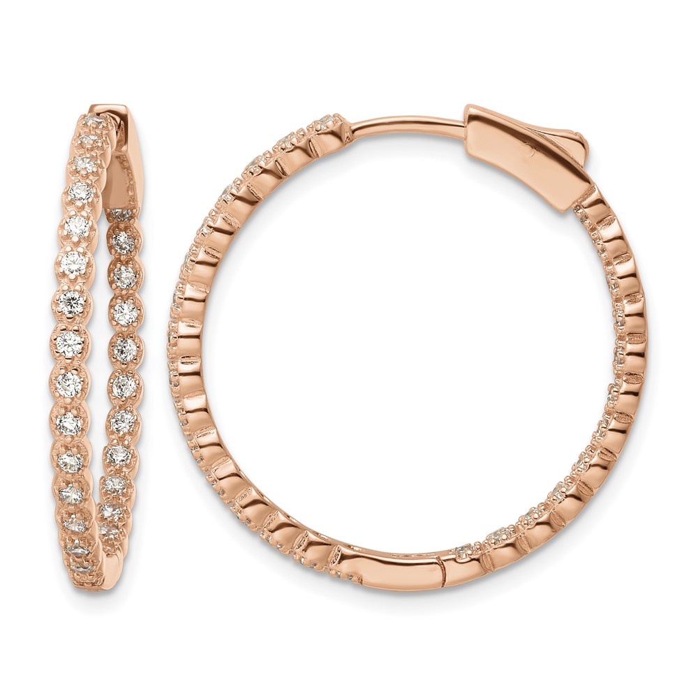 Sterling Silver Polished Rose-tone In & Out CZ Hinged Hoop Earrings (QE16306)