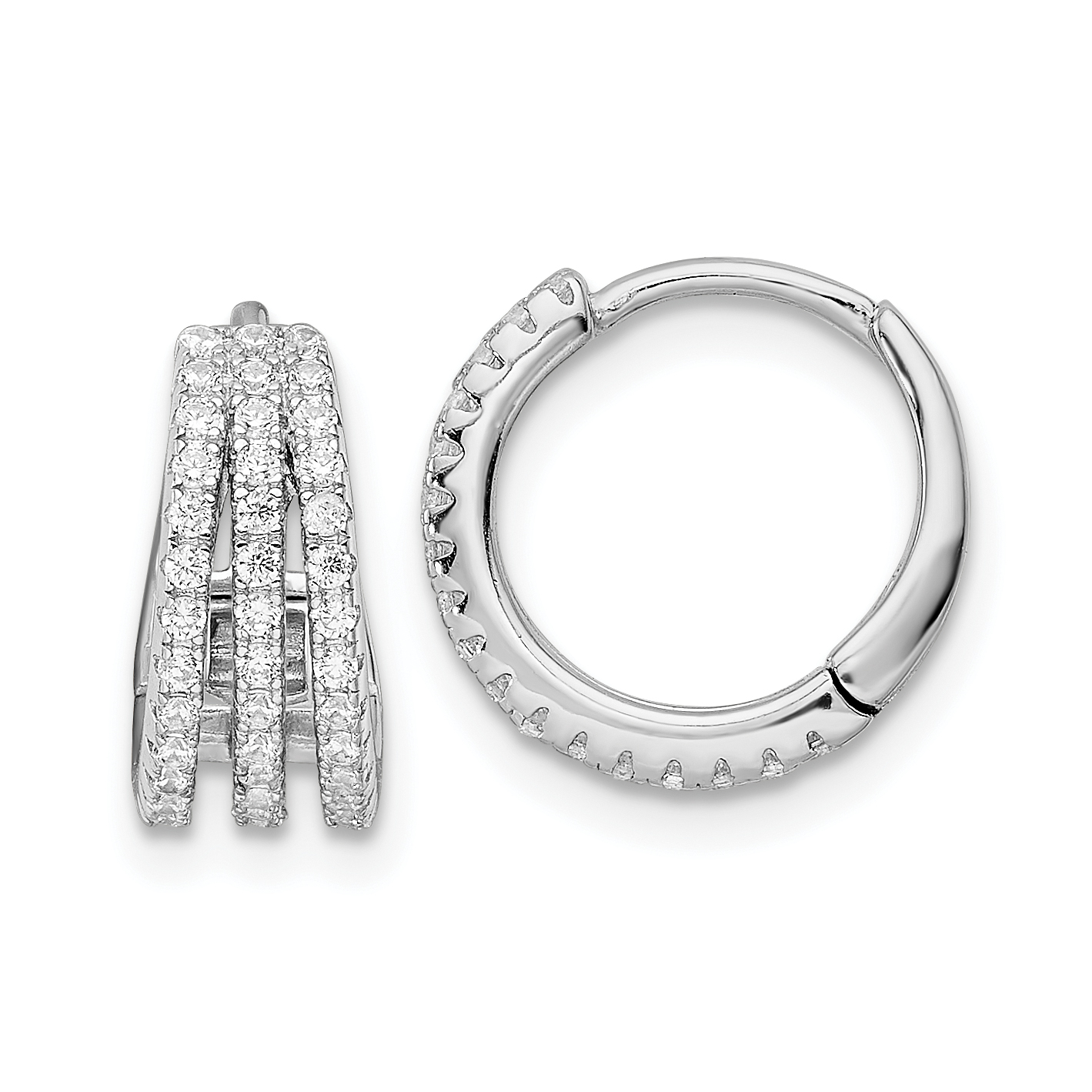 Sterling Silver Rhodium-plated Polished Triple Row CZ Hinged Hoop Earrings (QE16307)