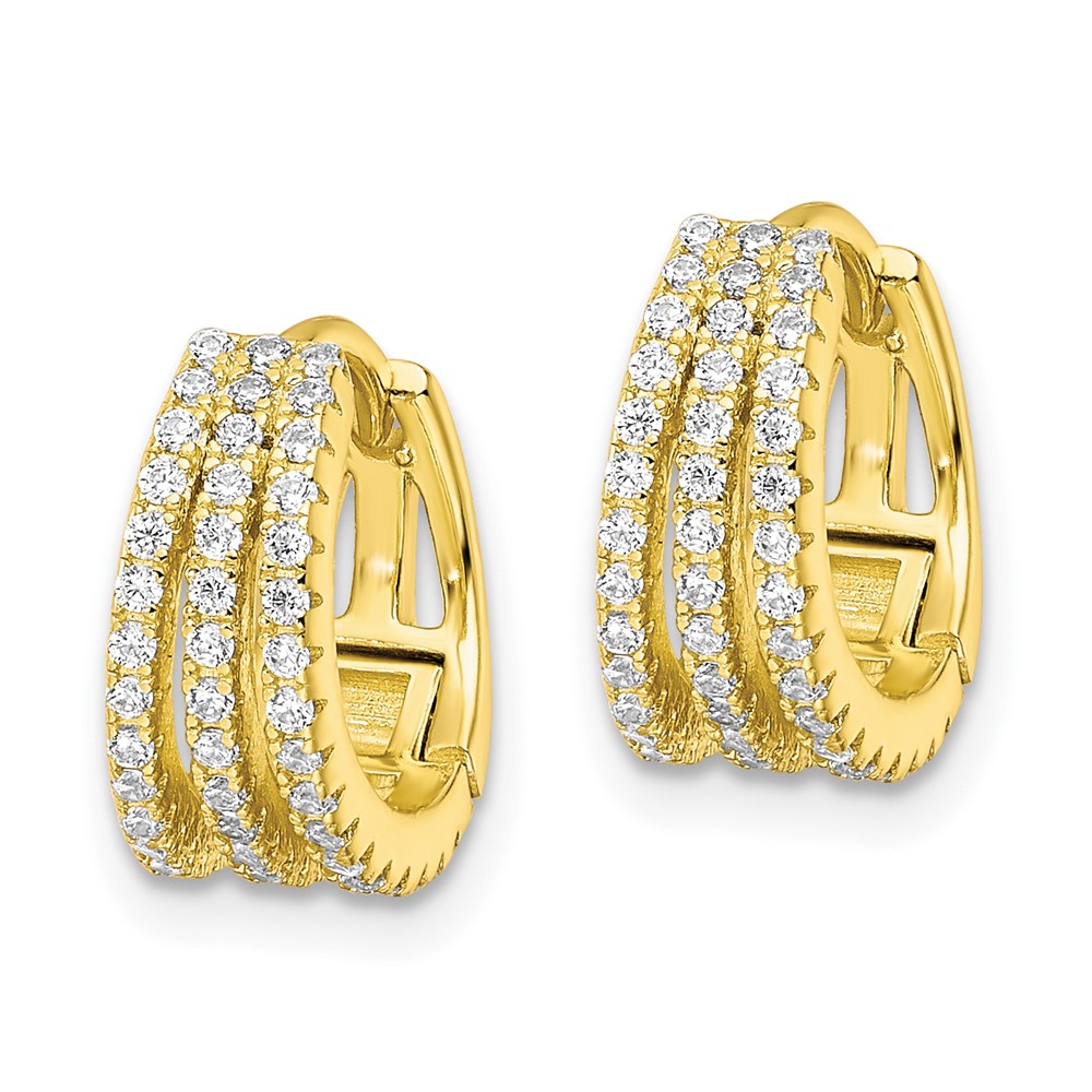 Sterling Silver Gold-tone Polished Triple Row CZ Hinged Hoop Earrings (QE16308)
