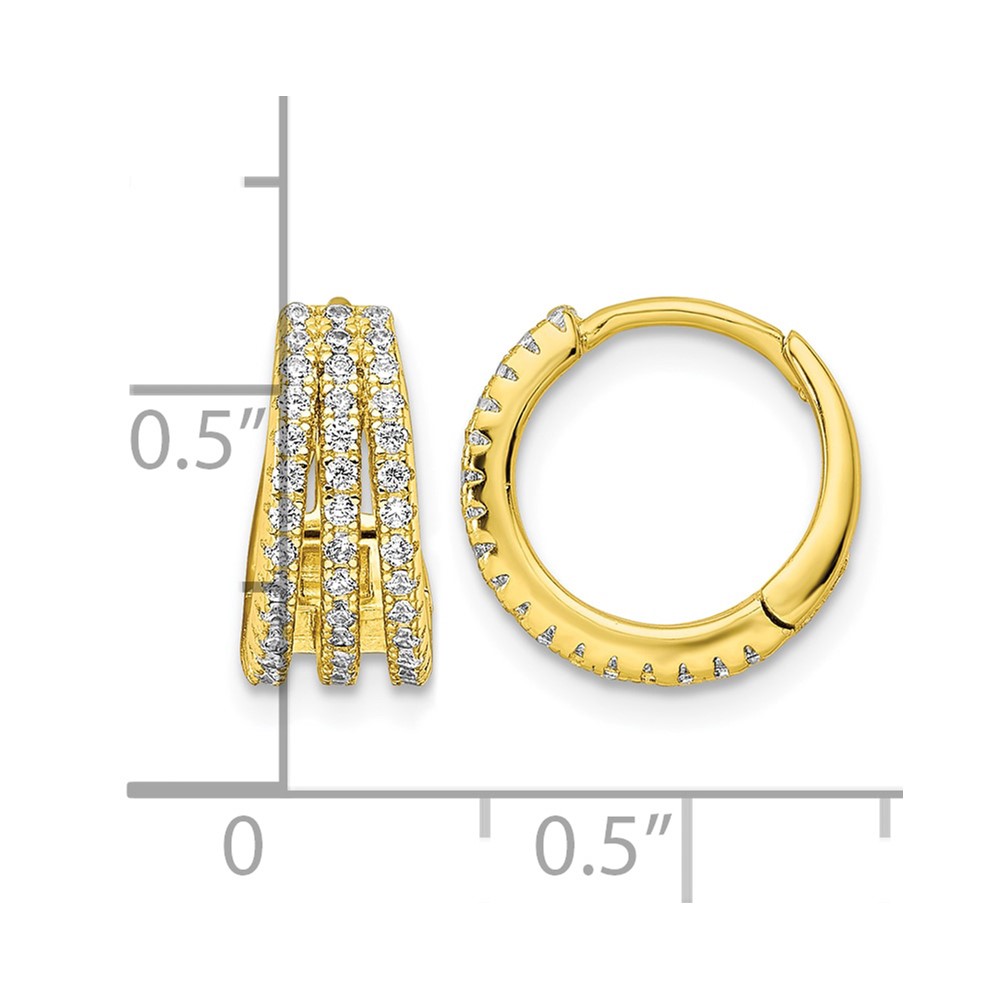 Sterling Silver Gold-tone Polished Triple Row CZ Hinged Hoop Earrings (QE16308)