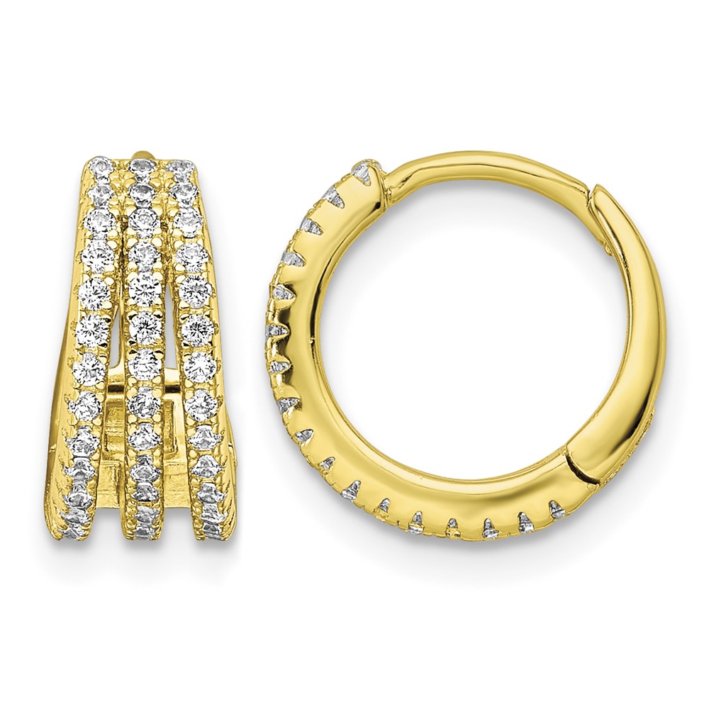 Sterling Silver Gold-tone Polished Triple Row CZ Hinged Hoop Earrings (QE16308)