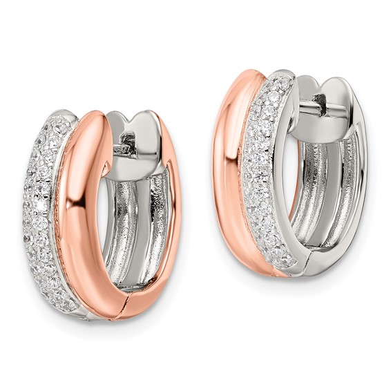 Sterling Silver Rose-tone Polished Pave CZ Hinged Hoop Earrings