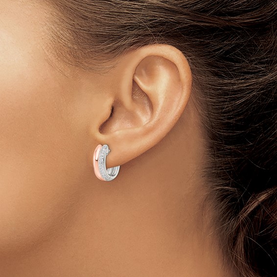 Sterling Silver Rose-tone Polished Pave CZ Hinged Hoop Earrings