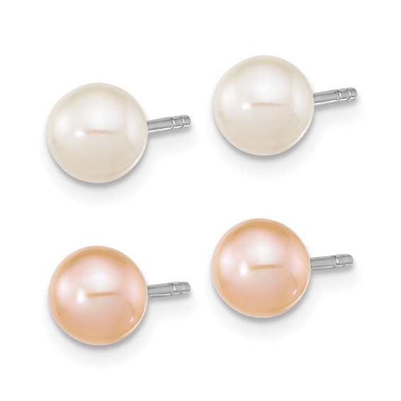 Sterling Silver Rhodium-plated 6-7mm White and Pink Round Freshwater Cultured Pearl Set of 2 Post Earrings