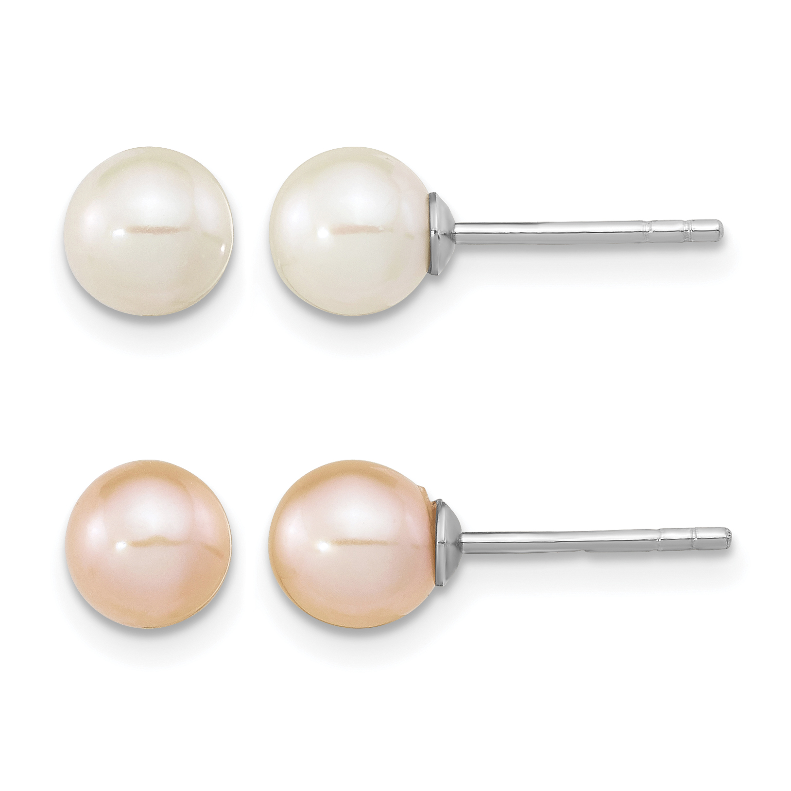 Sterling Silver Rhodium-plated 6-7mm White and Pink Round Freshwater Cultured Pearl Set of 2 Post Earrings (QE16318)