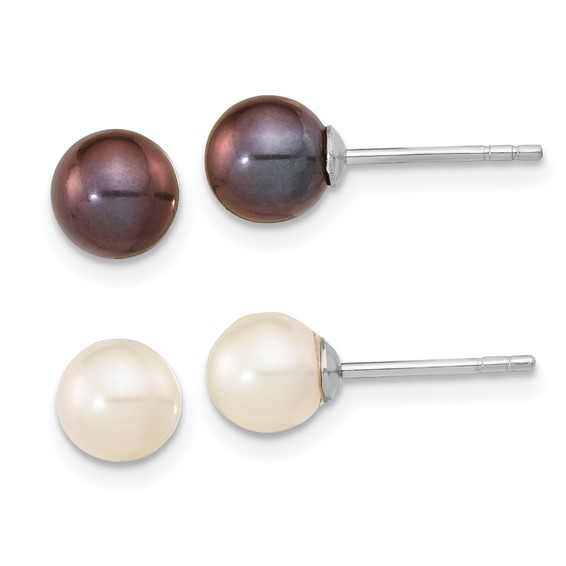 Sterling Silver Rhodium-plated 6-7mm Black and White Round Freshwater Cultured Pearl Set of 2 Post Earrings