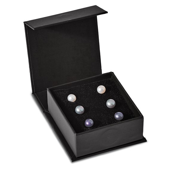 "Sterling Silver Rhodium-plated 6-7mm Black, White and Grey Round Freshwater Cultured Pearl Set of 3 Post Earrings"