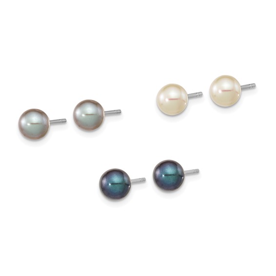 "Sterling Silver Rhodium-plated 6-7mm Black, White and Grey Round Freshwater Cultured Pearl Set of 3 Post Earrings"