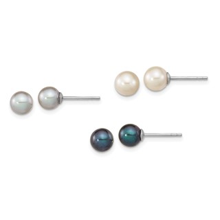 "Sterling Silver Rhodium-plated 6-7mm Black, White and Grey Round Freshwater Cultured Pearl Set of 3 Post Earrings"