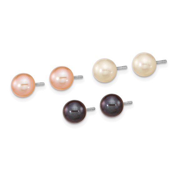 "Sterling Silver Rhodium-plated 6-7mm Black, White and Pink Round Freshwater Cultured Pearl Set of 3 Post Earrings"