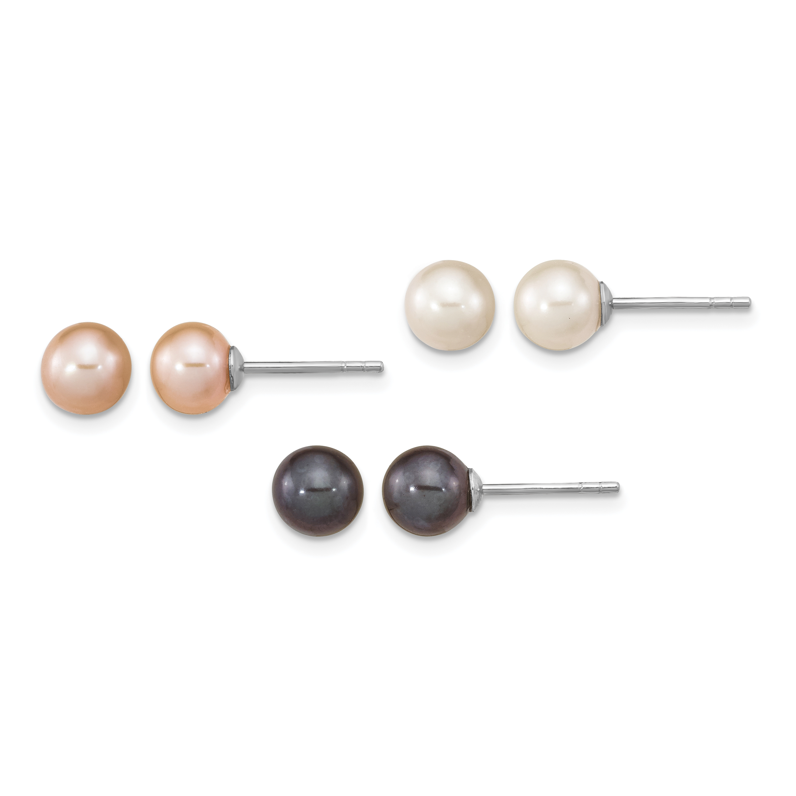 Sterling Silver Rhodium-plated 6-7mm Black, White and Pink Round Freshwater Cultured Pearl Set of 3 Post Earrings (QE16321)