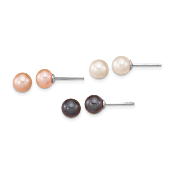 "Sterling Silver Rhodium-plated 6-7mm Black, White and Pink Round Freshwater Cultured Pearl Set of 3 Post Earrings"