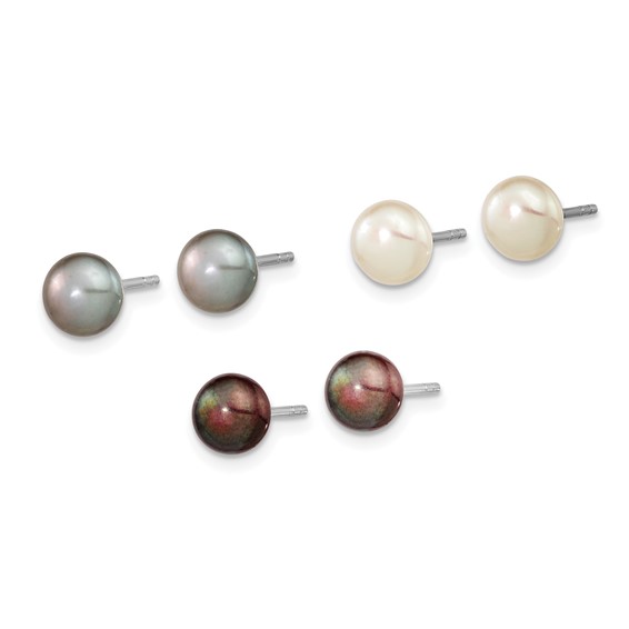 "Sterling Silver Rhodium-plated 6-7mm Black, white and Grey Button Freshwater Cultured Pearl Set of 3 Post Earrings  "