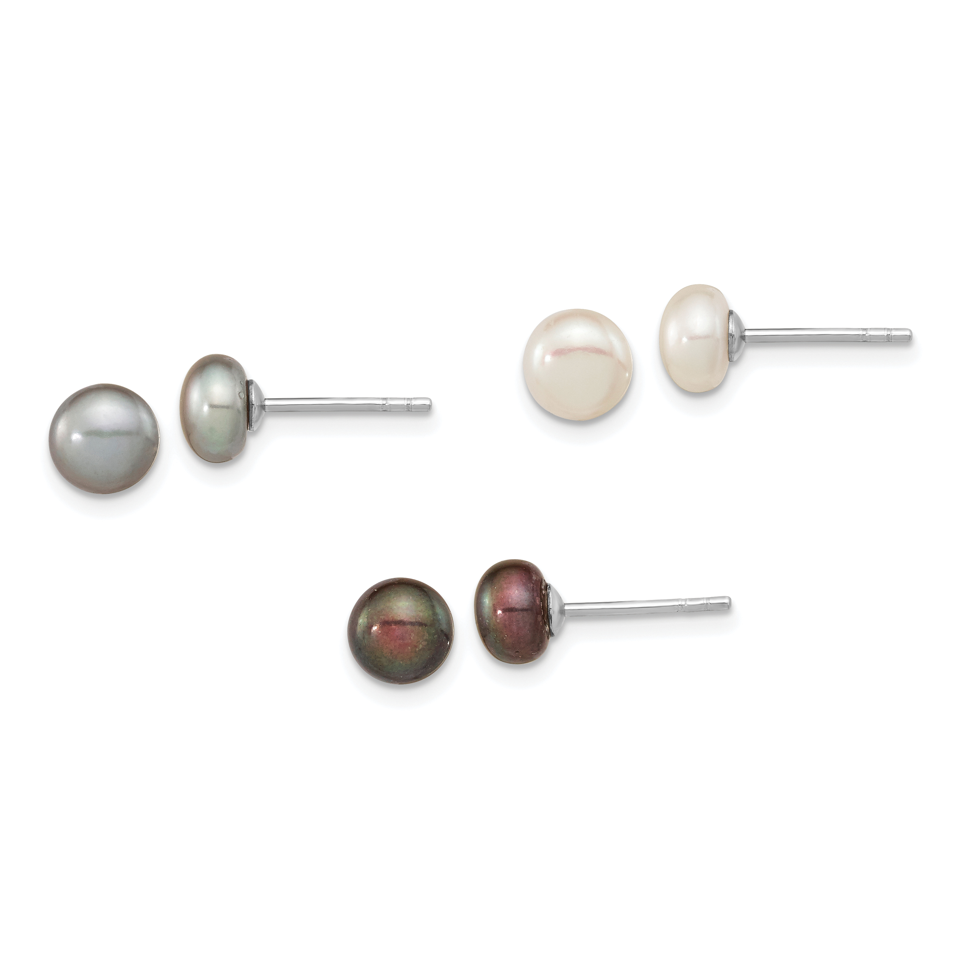 Sterling Silver Rhodium-plated 6-7mm Black, white and Grey Button Freshwater Cultured Pearl Set of 3 Post Earrings (QE16322)