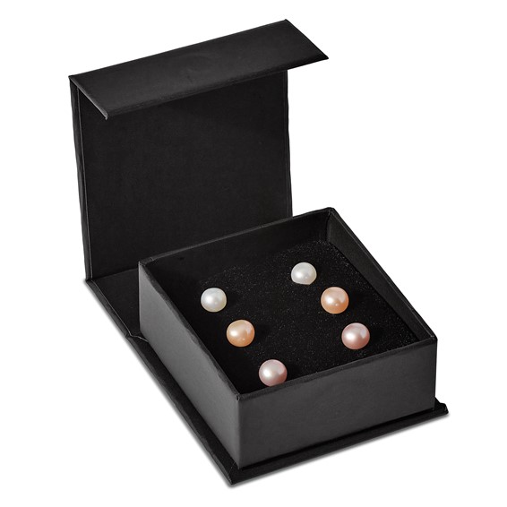 "Sterling Silver Rhodium-plated 6-7mm White, Pink and Purple Button Freshwater Cultured Pearl Set of 3 Post Earrings "