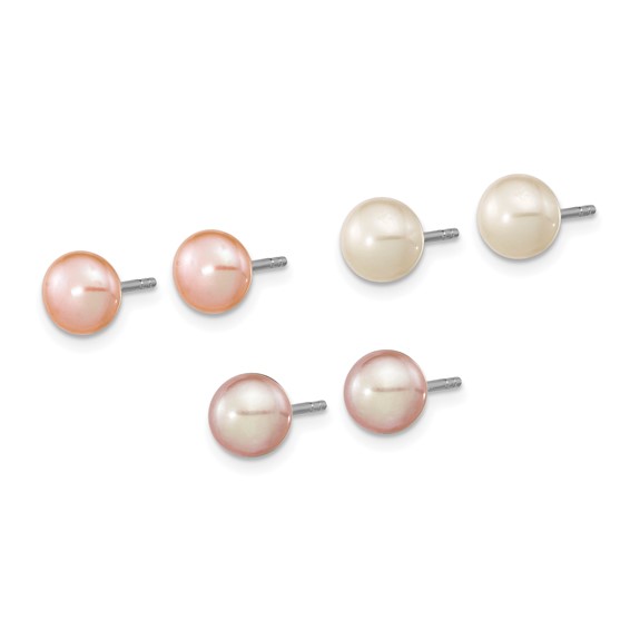 "Sterling Silver Rhodium-plated 6-7mm White, Pink and Purple Button Freshwater Cultured Pearl Set of 3 Post Earrings "