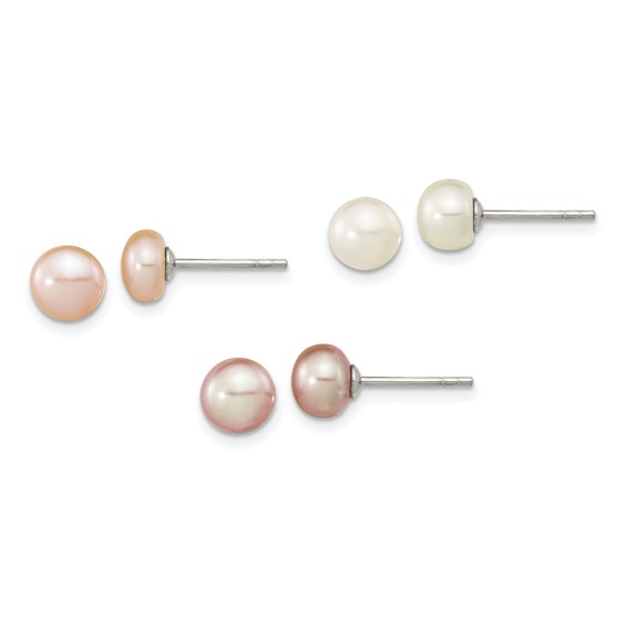 "Sterling Silver Rhodium-plated 6-7mm White, Pink and Purple Button Freshwater Cultured Pearl Set of 3 Post Earrings "