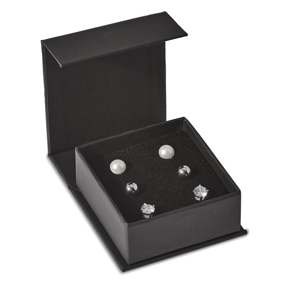"Sterling Silver Rhodium-plated 6-7mm White Button Freshwater Cultured Pearl, CZ and Stud Earrings Set"