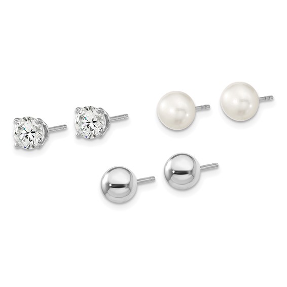 "Sterling Silver Rhodium-plated 6-7mm White Button Freshwater Cultured Pearl, CZ and Stud Earrings Set"