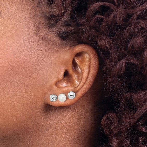 "Sterling Silver Rhodium-plated 6-7mm White Button Freshwater Cultured Pearl, CZ and Stud Earrings Set"