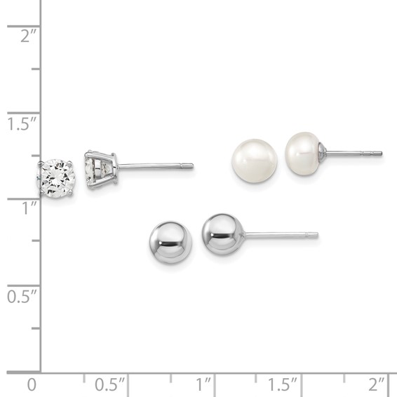 "Sterling Silver Rhodium-plated 6-7mm White Button Freshwater Cultured Pearl, CZ and Stud Earrings Set"