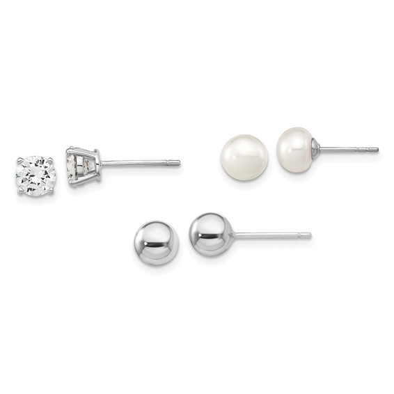"Sterling Silver Rhodium-plated 6-7mm White Button Freshwater Cultured Pearl, CZ and Stud Earrings Set"