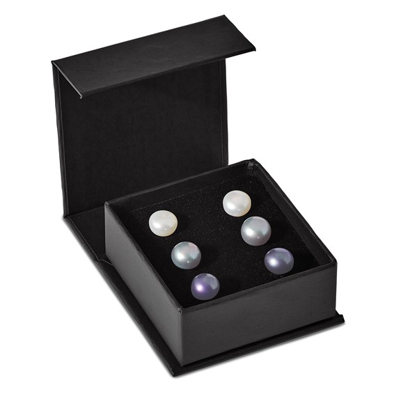 "Sterling Silver Rhodium-plated 8-9mm Black, White and Grey Button Freshwater Cultured Pearl Set of 3 Post Earrings  "
