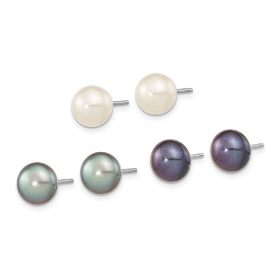 "Sterling Silver Rhodium-plated 8-9mm Black, White and Grey Button Freshwater Cultured Pearl Set of 3 Post Earrings  "
