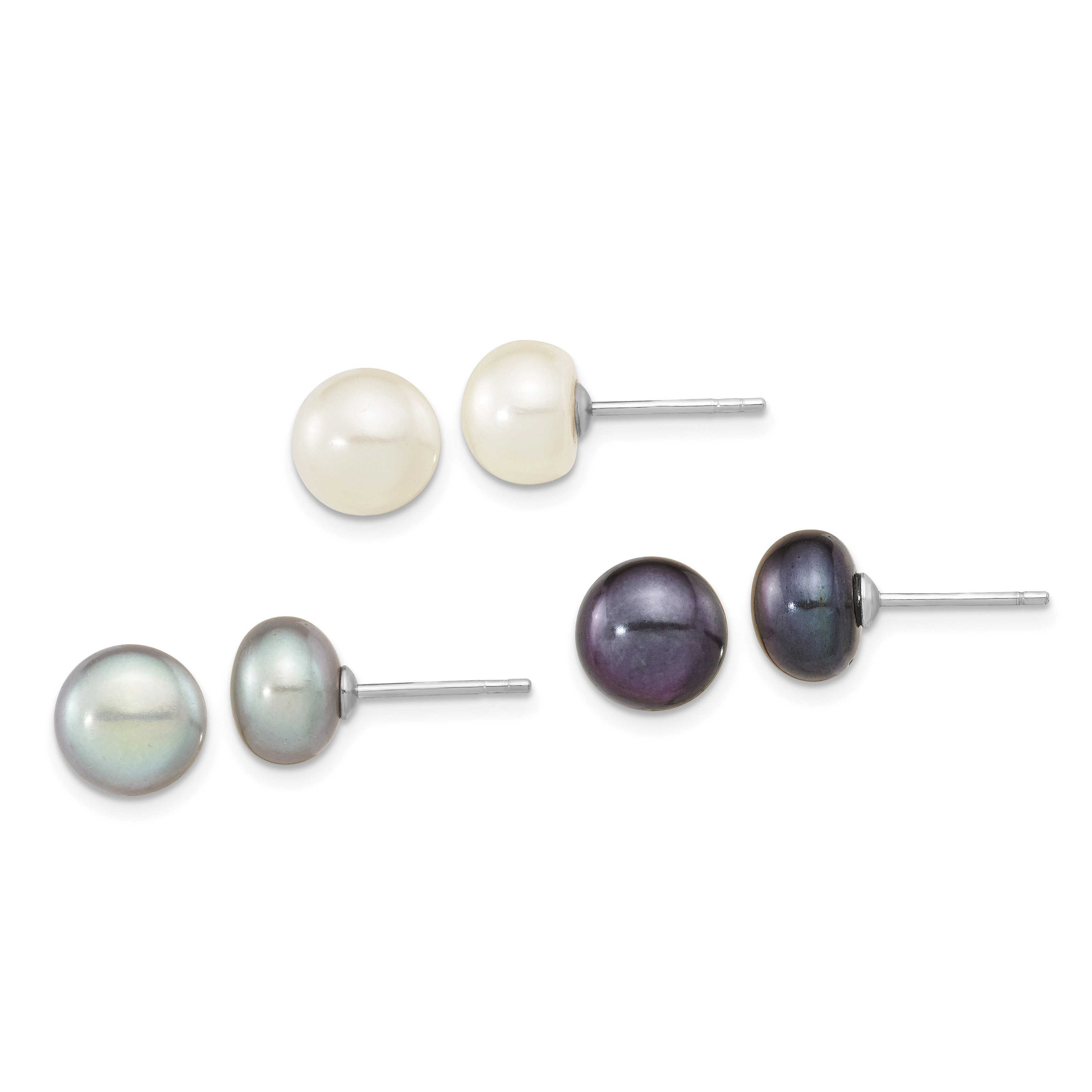 Sterling Silver Rhodium-plated 8-9mm Black, White and Grey Button Freshwater Cultured Pearl Set of 3 Post Earrings (QE16325)