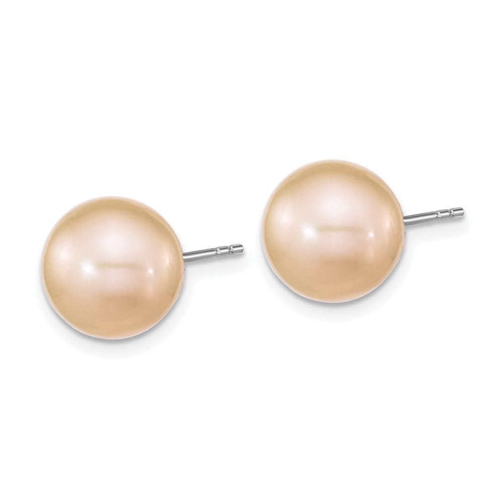 Sterling Silver Rhodium-plated 10-11mm Pink Round Freshwater Cultured Pearl Post Earrings (QE16326)