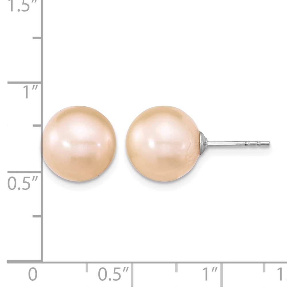 Sterling Silver Rhodium-plated 10-11mm Pink Round Freshwater Cultured Pearl Post Earrings (QE16326)