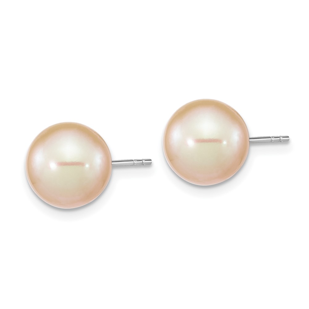 Sterling Silver Rhodium-plated 9-10mm Pink Round Freshwater Cultured Pearl Post Earrings (QE16328)