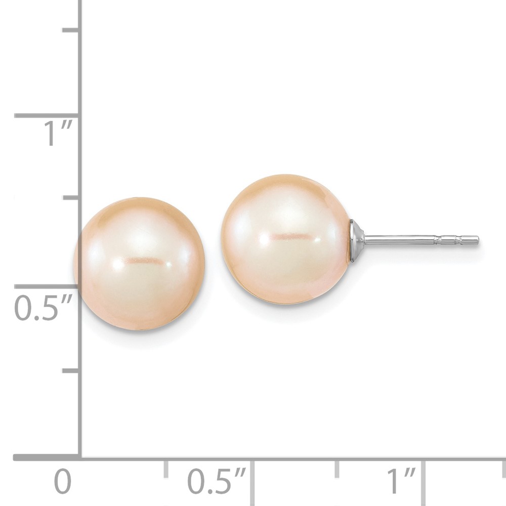 Sterling Silver Rhodium-plated 9-10mm Pink Round Freshwater Cultured Pearl Post Earrings (QE16328)