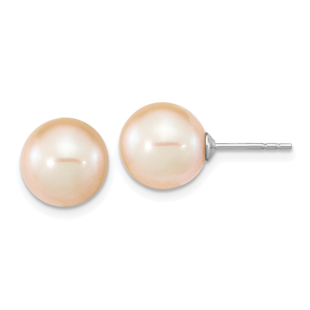Sterling Silver Rhodium-plated 9-10mm Pink Round Freshwater Cultured Pearl Post Earrings (QE16328)